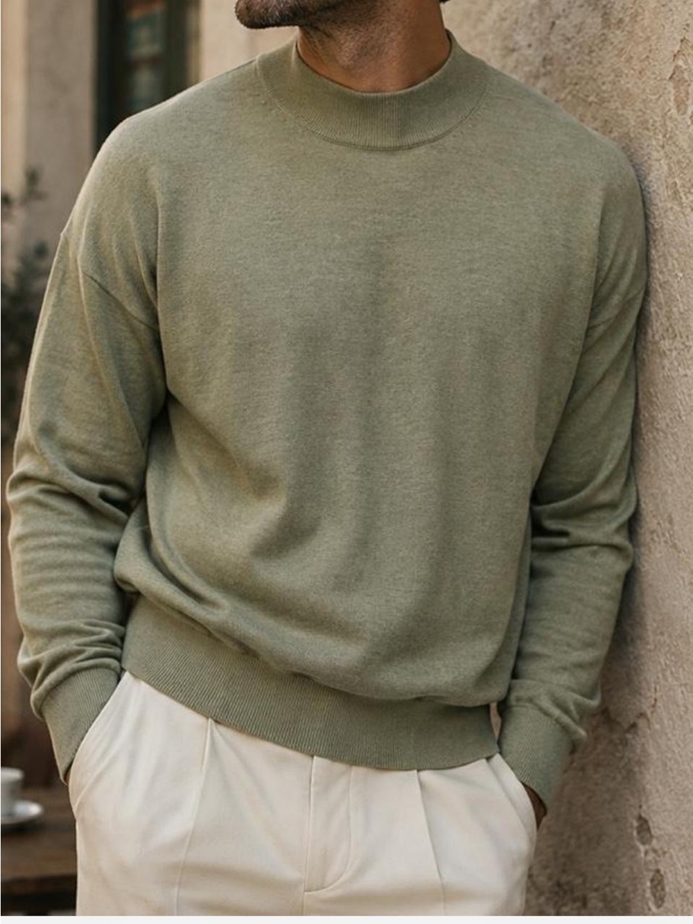 Tricots St Raphael Silk Cotton Blend Green Mock Neck Sweater Luxury Classic